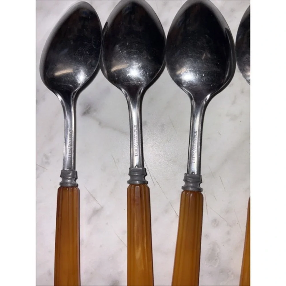 VTG Set of 4 Teaspoons Butterscotch‎ Bakelite Amber Handles MCM Style Farmhouse